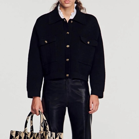 SANDRO Marcel Cable Knit Cropped Cardigan Black Quilted Texture Gold Hardware Sm - Picture 11 of 11